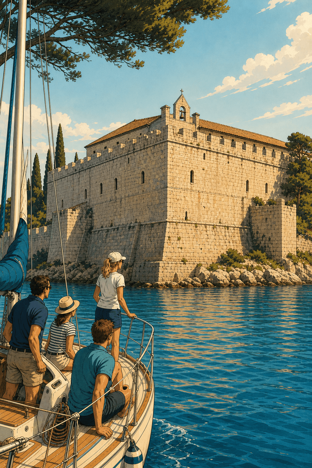 Illustration d'une escale decouverte a Saint-Honorat devant la tour monastique.
