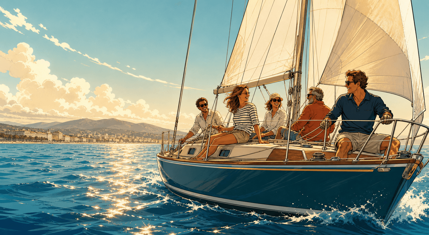 Illustration d'un voilier en sortie conviviale au large de Cannes.